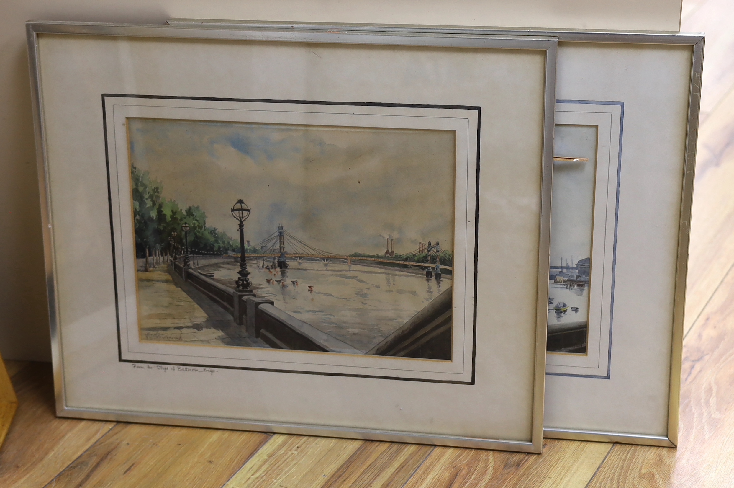 M. C. Bernard, pair of watercolours, 'From the steps of Battersea Bridge', signed, 24 x 32cm